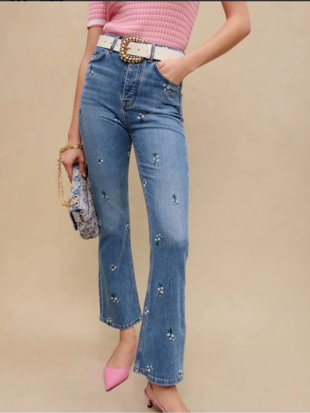 Maje Floral Embroidered Boot-Cut Jeans, Size 40, US 28, Color Washed blue